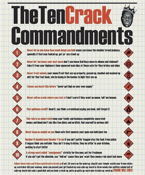 NOTORIOUS B.I.G. LYRICS"Ten Crack Commandments"[Chuck D] "One two three four five six seven eight nine"Uhh, it's the ten crack commandmentsWhat, uhh, uhhNigg...